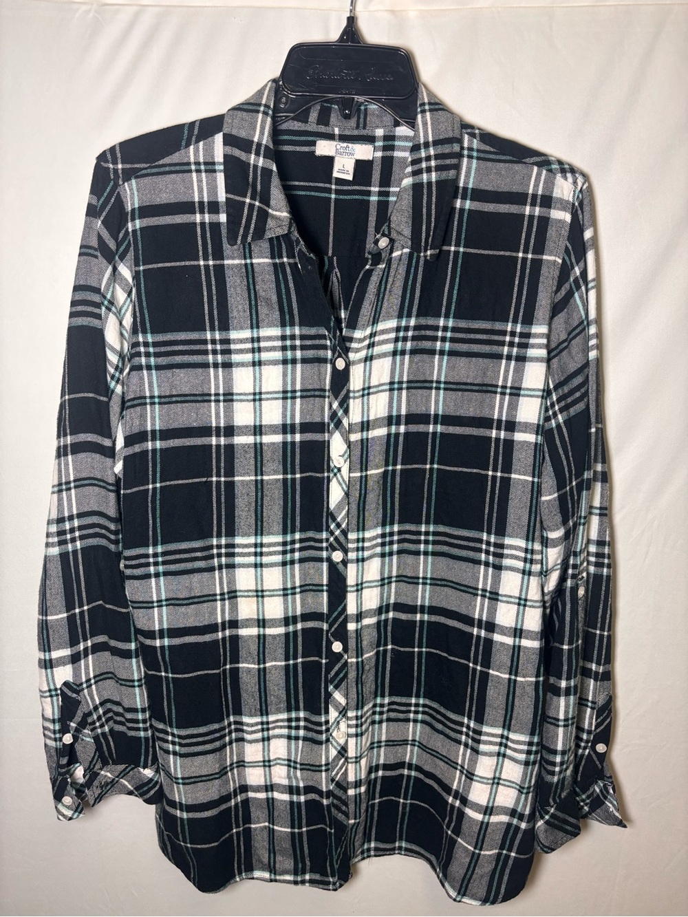 Croft & Barrow Black White Plaid Roll-Tab Button-Down Shirt L